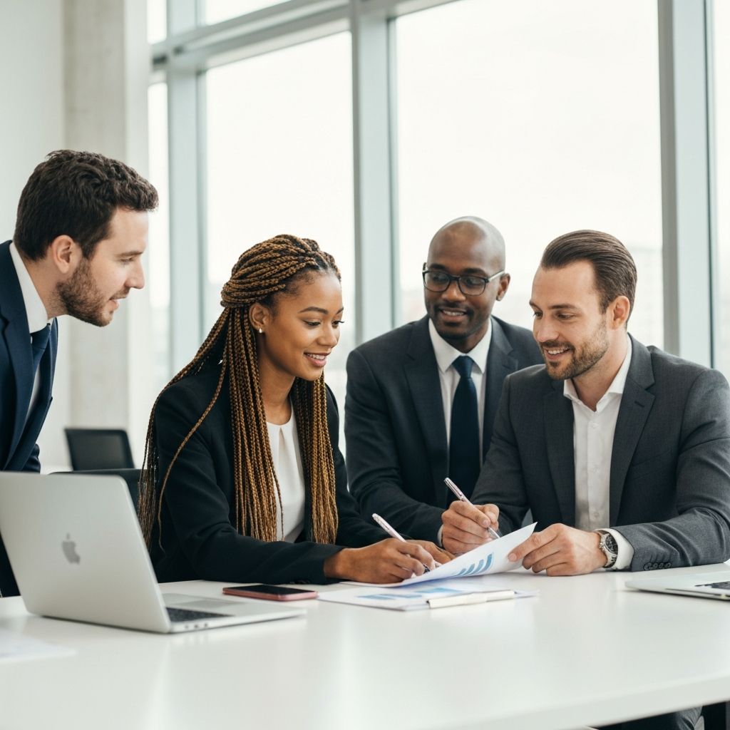 Consulting team collaborating in a modern office